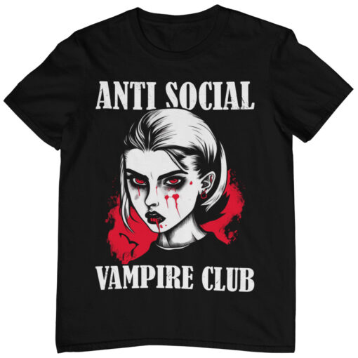 Das Bild zeigt ein schwarzes T-Shirt mit einem Vampir Design und dem Text "Anti Social Vampire Club". Das Bild wird verwendet, um einen Eindruck zu vermitteln, wie das reale Produkt letztendlich aussehen wird.