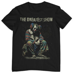 Schwarzes Mental Health Awareness T-Shirt mit trauriger Clown "The Greatest Show" Motiv.