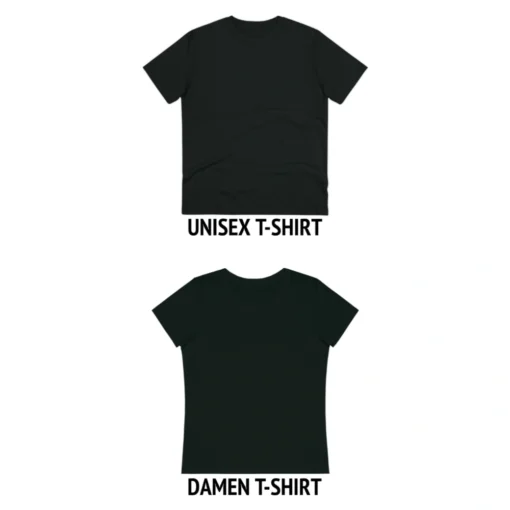 Das Bild veranschaulicht die Schnitte der zur Auswahl stehenden Passform Optionen für Unisex und Damen T-Shirts.