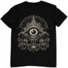 Schwarzes Unisex T-Shirt mit Awakened Perception Drittes Auge Design.