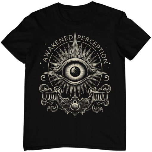 Schwarzes Unisex T-Shirt mit Awakened Perception Drittes Auge Design.
