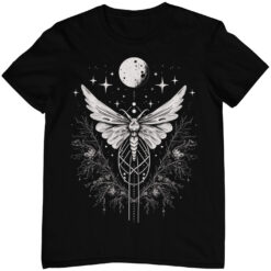 Schwarzes T-Shirt mit Gothic Design einer Motte mit Mond und Sterne.