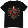 Schwarzes Unisex T-Shirt mit Gothic Design eines dritten Auges umgeben von Rosen.