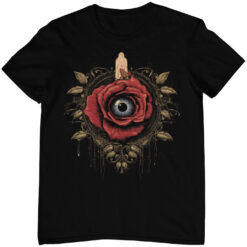 Schwarzes Unisex T-Shirt mit Gothic Design eines dritten Auges umgeben von Rosen.