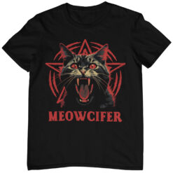 Schwarzes Unisex T-Shirt mit Meowcifer Gothic Katze.