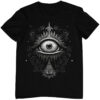Schwarzes Unisex T-Shirt mit Rise and Shine Design eines dritten Auges.