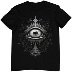 Schwarzes Unisex T-Shirt mit Rise and Shine Design eines dritten Auges.