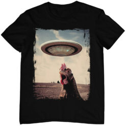 Schwarzes Weirdcore Huhn T-Shirt mit Raumschiff UFO.