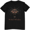 Schwarzes Unisex T-Shirt mit Wicked Whiskers Design einer okkulten Katze.